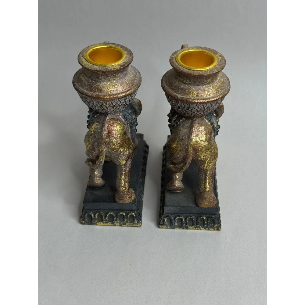 Vintage Elephant Candlestick Holders Pair Ornate Gold Black‎ Resin